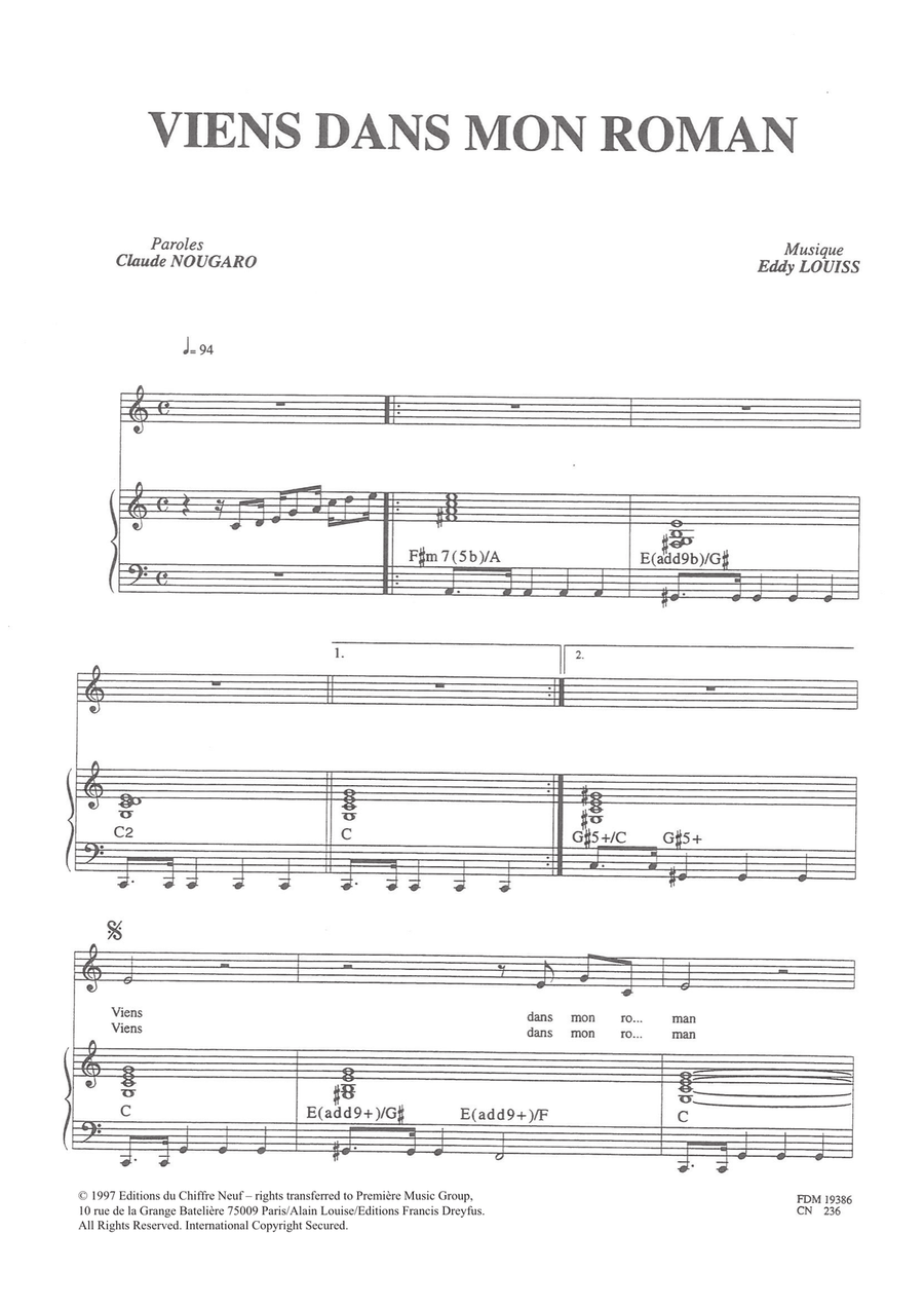 Viens Dans Mon Roman Piano, Vocal scores gallery preview page 1