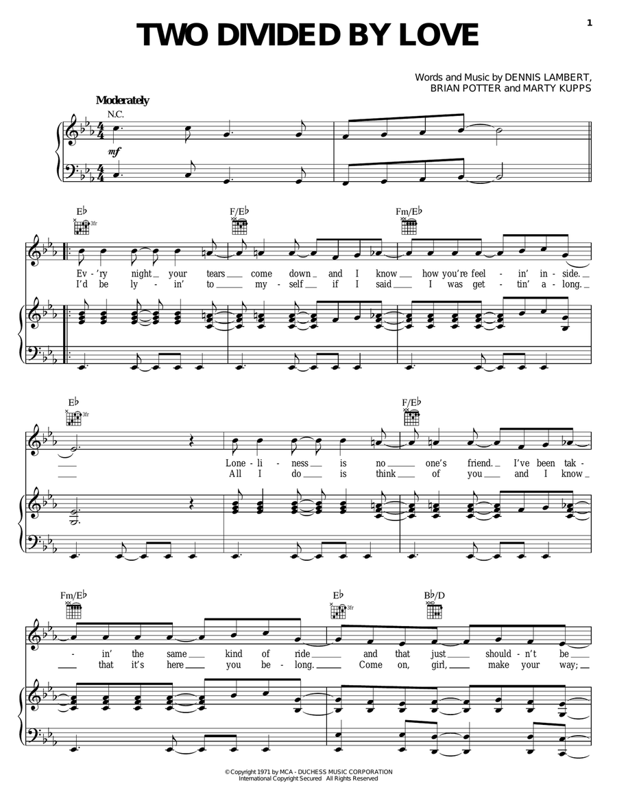 Two Divided By Love Two Divided By Love Piano, Vocal, Guitar scores gallery preview page 1