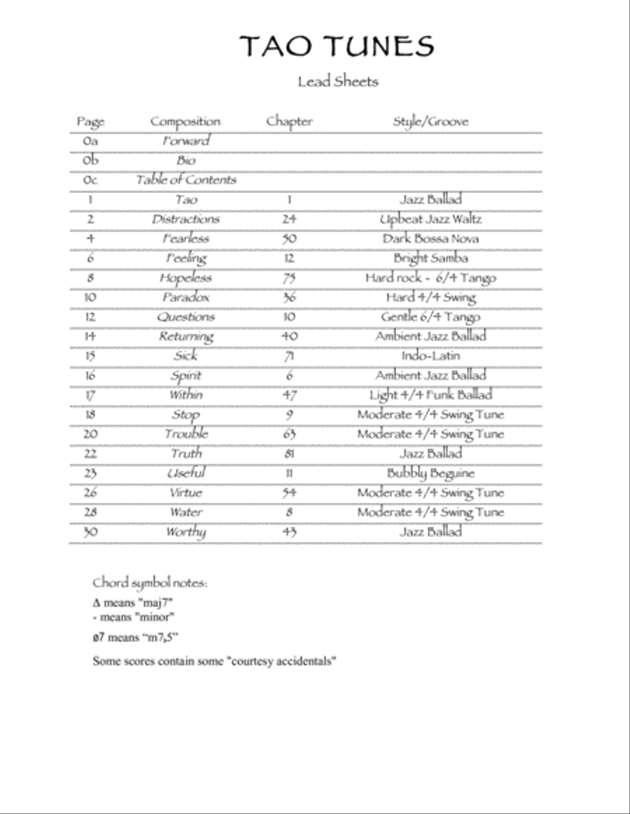 TAO TUNES COMPLETE - Lead Sheets in C - 18 Vocal Jazz Settings of the Tao Te Ching