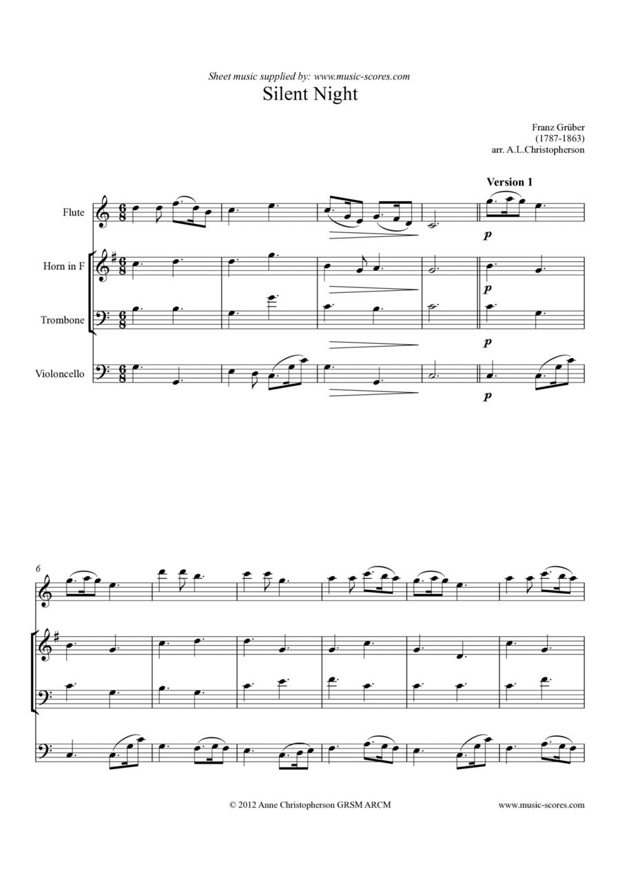 Silent Night - Mixed ensemble - Flute, Horn, Trombone and Cello Flute scores gallery preview page 1
