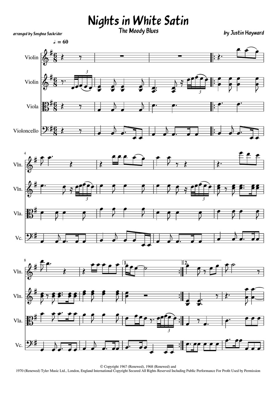 Nights In White Satin String Quartet scores gallery preview page 1