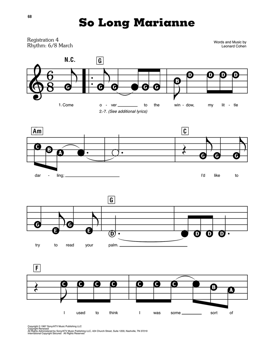 So Long Marianne Electronic Keyboard scores gallery preview page 1