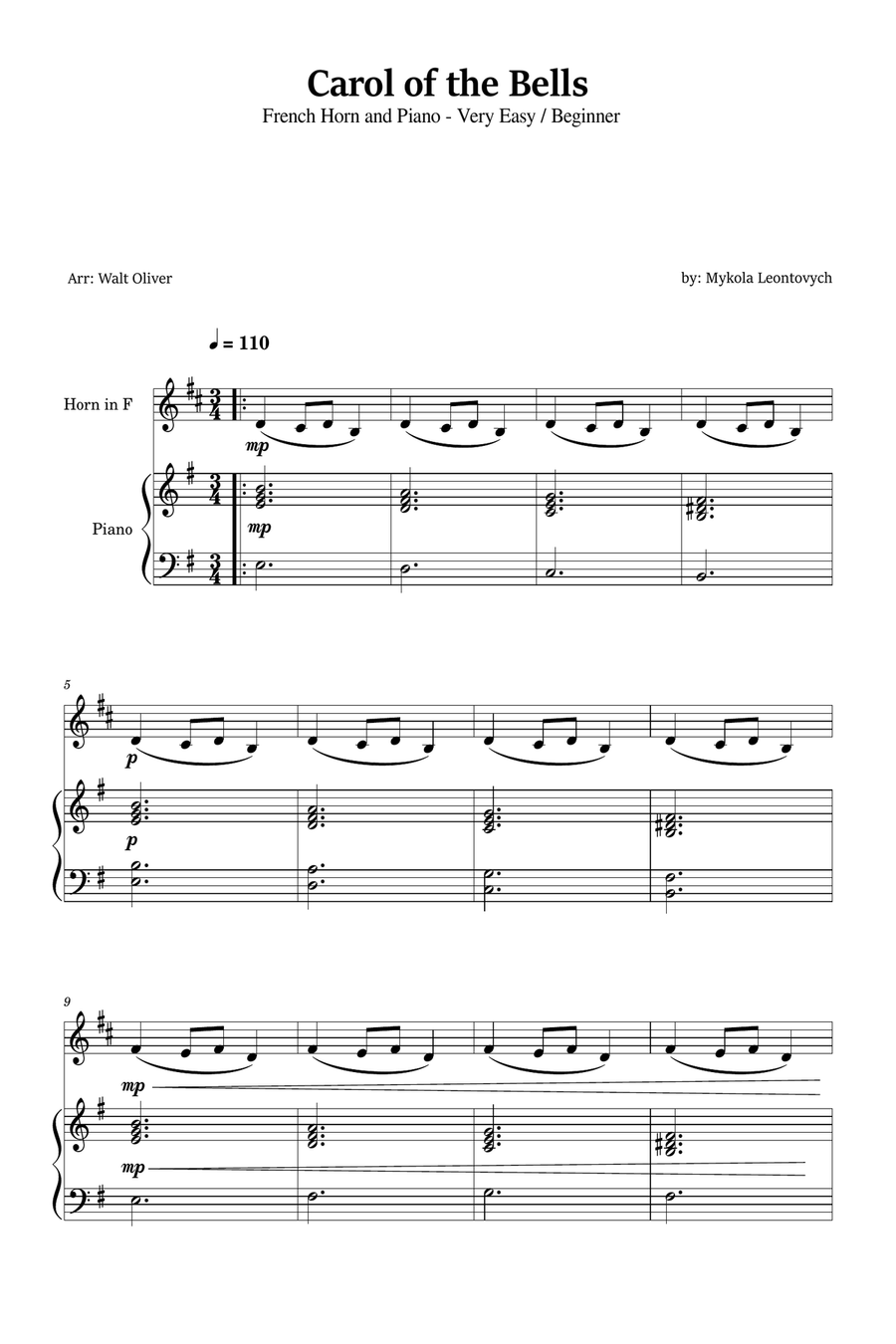 Carol of the Bells for French Horn and Piano (Very Easy - Beginner) in E minor Piano scores gallery preview page 1