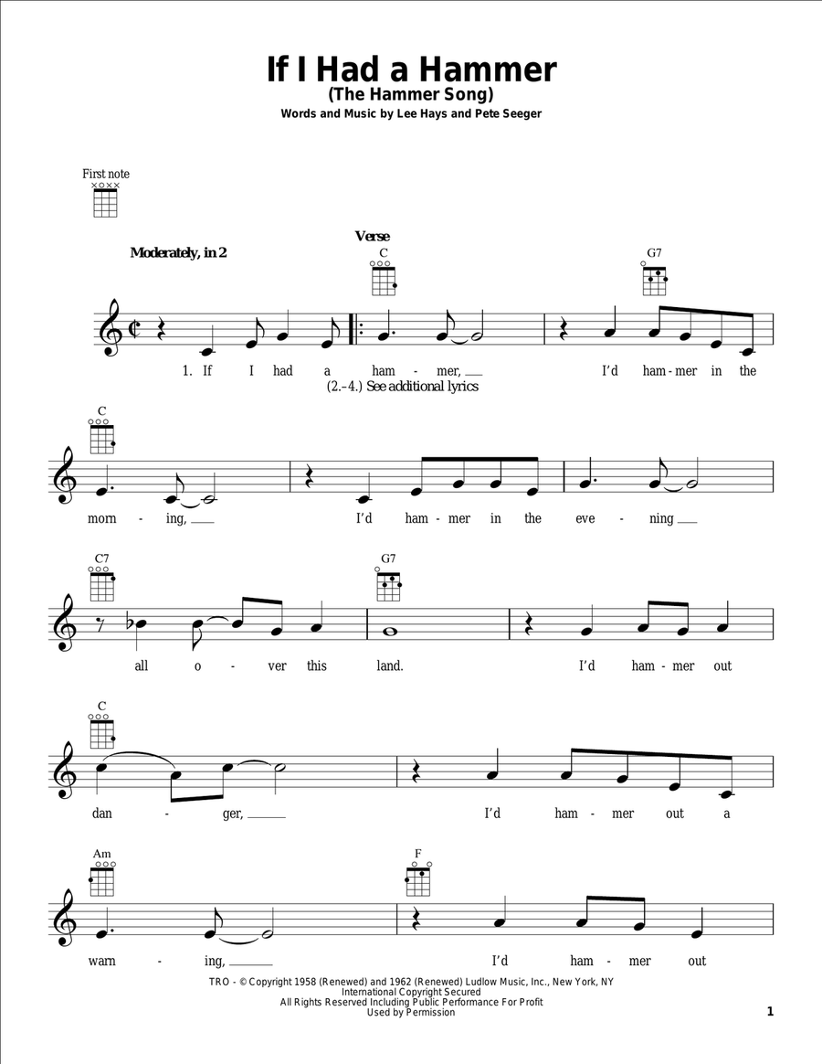 If I Had A Hammer (The Hammer Song) Ukulele scores gallery preview page 1