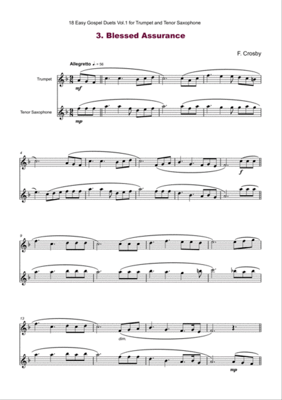 18 Easy Gospel Duets Vol.1 for Trumpet and Tenor Saxophone Tenor Saxophone scores gallery preview page 5