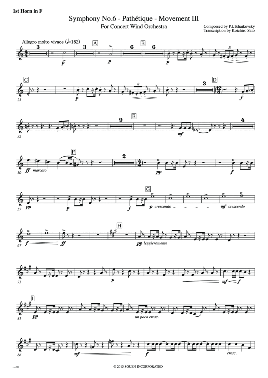 Symphony No.6 Pathetique Movement III [Parts] Horn in F 1st,2nd,3rd,4th Marching Band scores gallery preview page 1