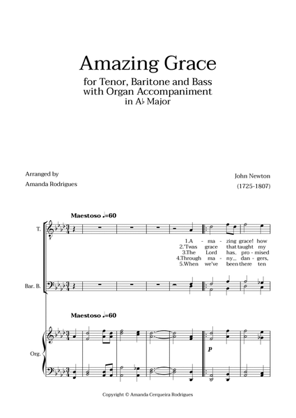 Amazing Grace in Ab Major - Tenor, Bass and Baritone with Organ Accompaniment image number null