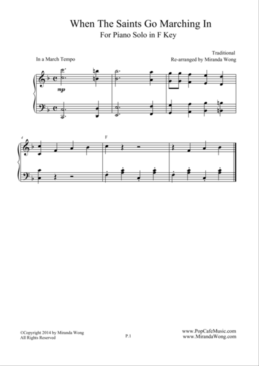 When The Saints Go Marching in - Classical Piano Solo in F Key by Traditional 4-Part - Digital Sheet Music