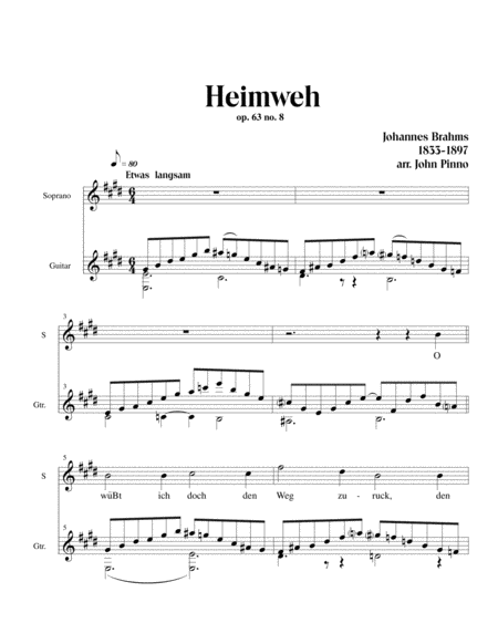 Heimweh (Johannes Brahms) for soprano (mezzo-soprano, tenor) and classical guitar