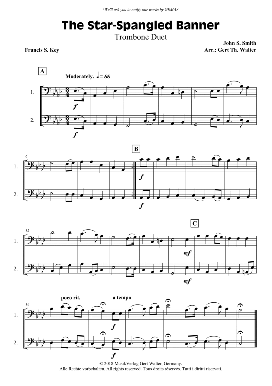 The Star-Spangled Banner Trombone Duet scores gallery preview page 1
