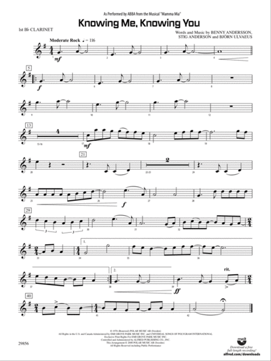 Knowing Me, Knowing You (As performed by ABBA from the musical Mamma Mia): 1st B-flat Clarinet Concert Band scores gallery preview page 1