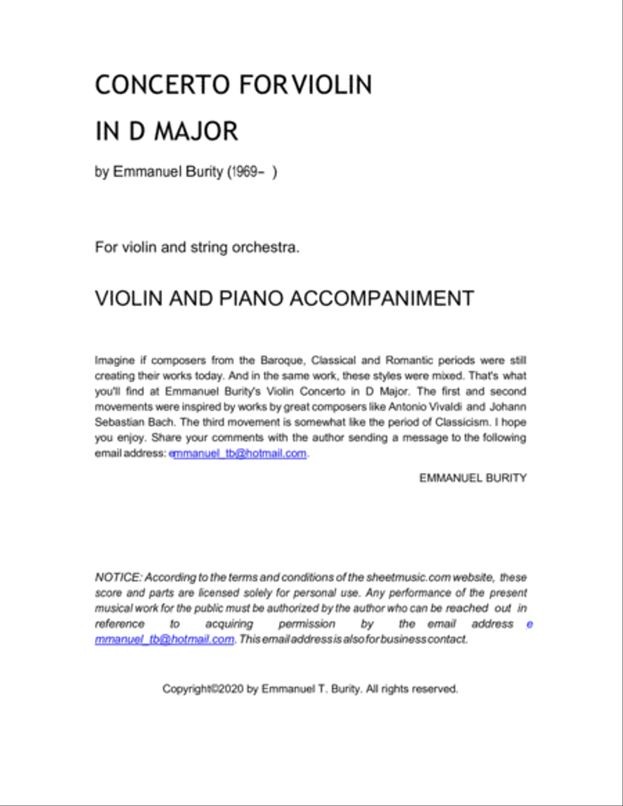 Concerto for Violin in D Major by Emmanuel Burity (1969- ) Violin Solo scores gallery preview page 2