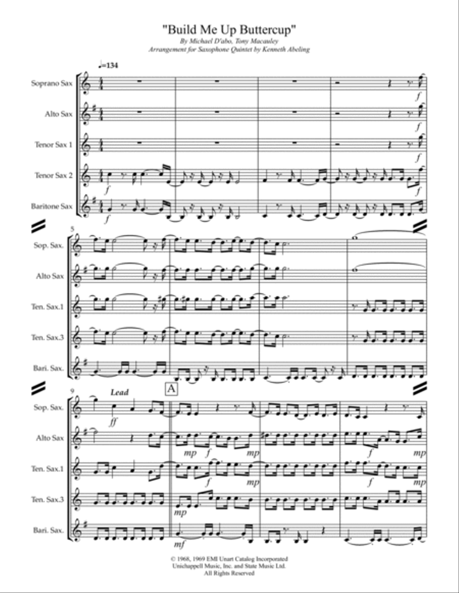 Build Me Up, Buttercup Saxophone Quintet scores gallery preview page 2