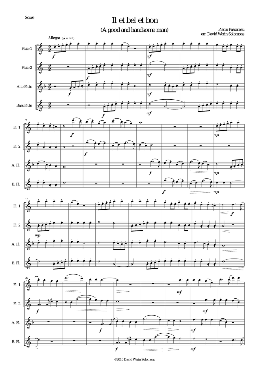 Il est bel et bon (He is good and handsome) for flute quartet Flute Quartet scores gallery preview page 1