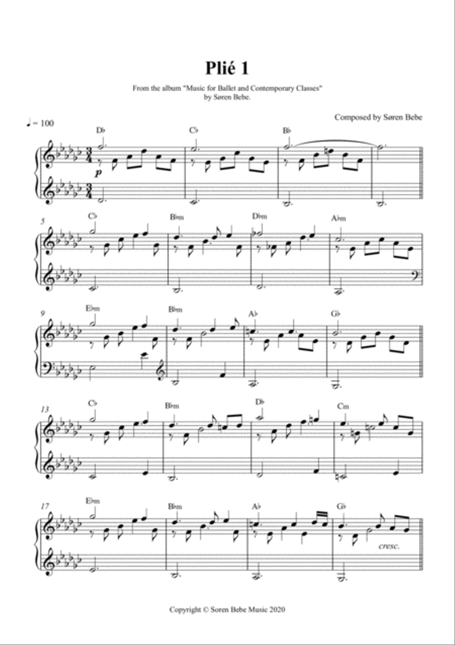 Sheet Music for Ballet Class - Complete class with barre and center exercises. 26 pieces/71 pages.