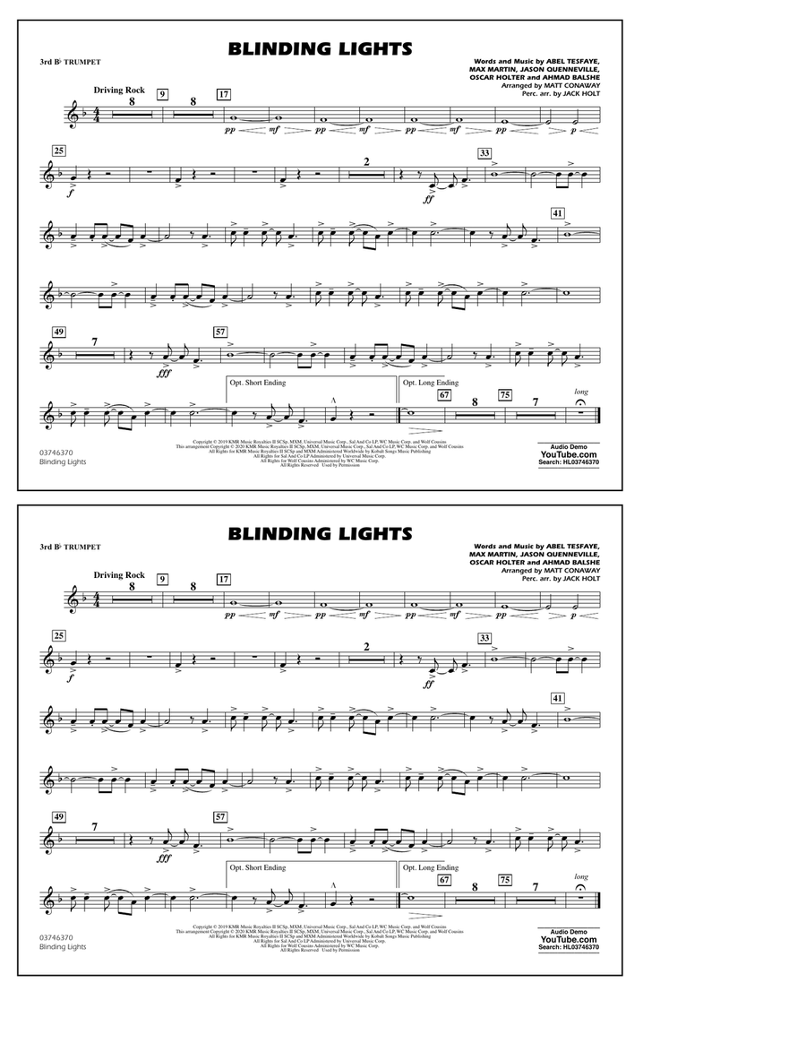 Blinding Lights (arr. Matt Conaway) - 3rd Bb Trumpet Marching Band scores gallery preview page 1