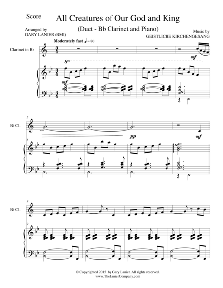 ALL CREATURES OF OUR GOD AND KING (Duet – Bb Clarinetand Piano/Score and Parts) image number null