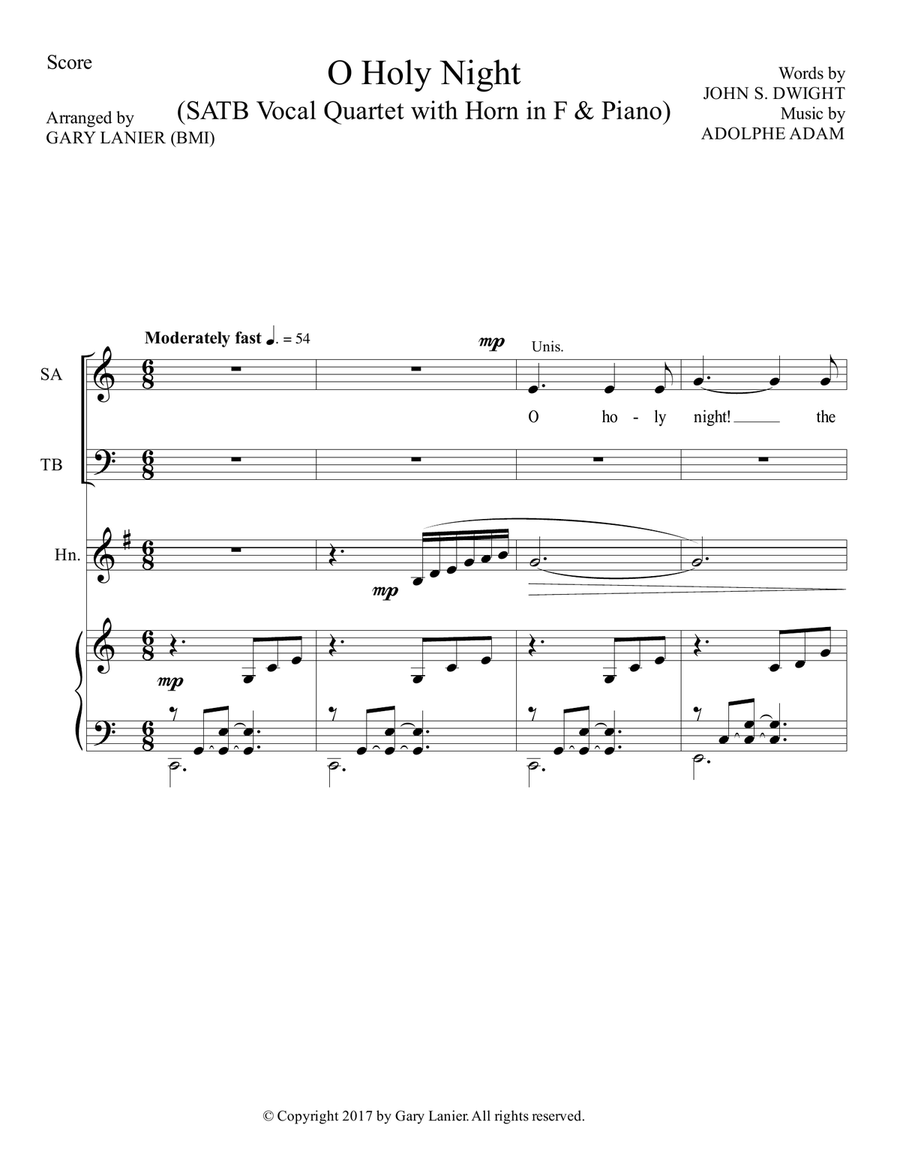 O HOLY NIGHT (SATB Vocal Quartet with Horn in F & Piano - Score & Parts included) 4-Part scores gallery preview page 2