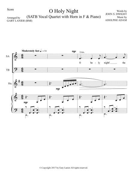 O HOLY NIGHT (SATB Vocal Quartet with Horn in F & Piano - Score & Parts included) image number null