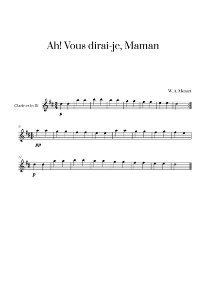 W. A. Mozart - Ah! Vous dirai-je, Maman for Clarinet in Bb Solo image number null