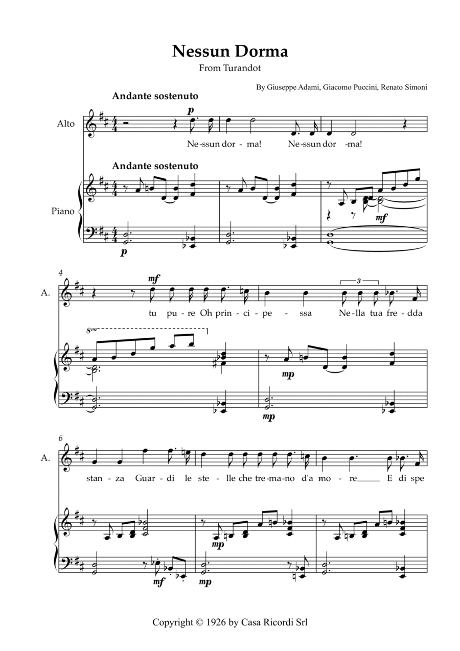 Nessun Dorma - Alto & Piano Voice scores gallery preview page 1