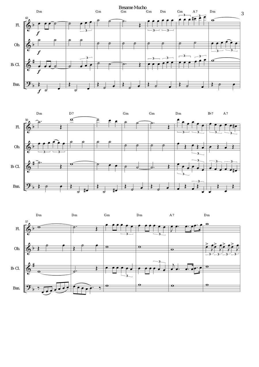 Besame Mucho (Kiss Me Much) Woodwind Quartet scores gallery preview page 3