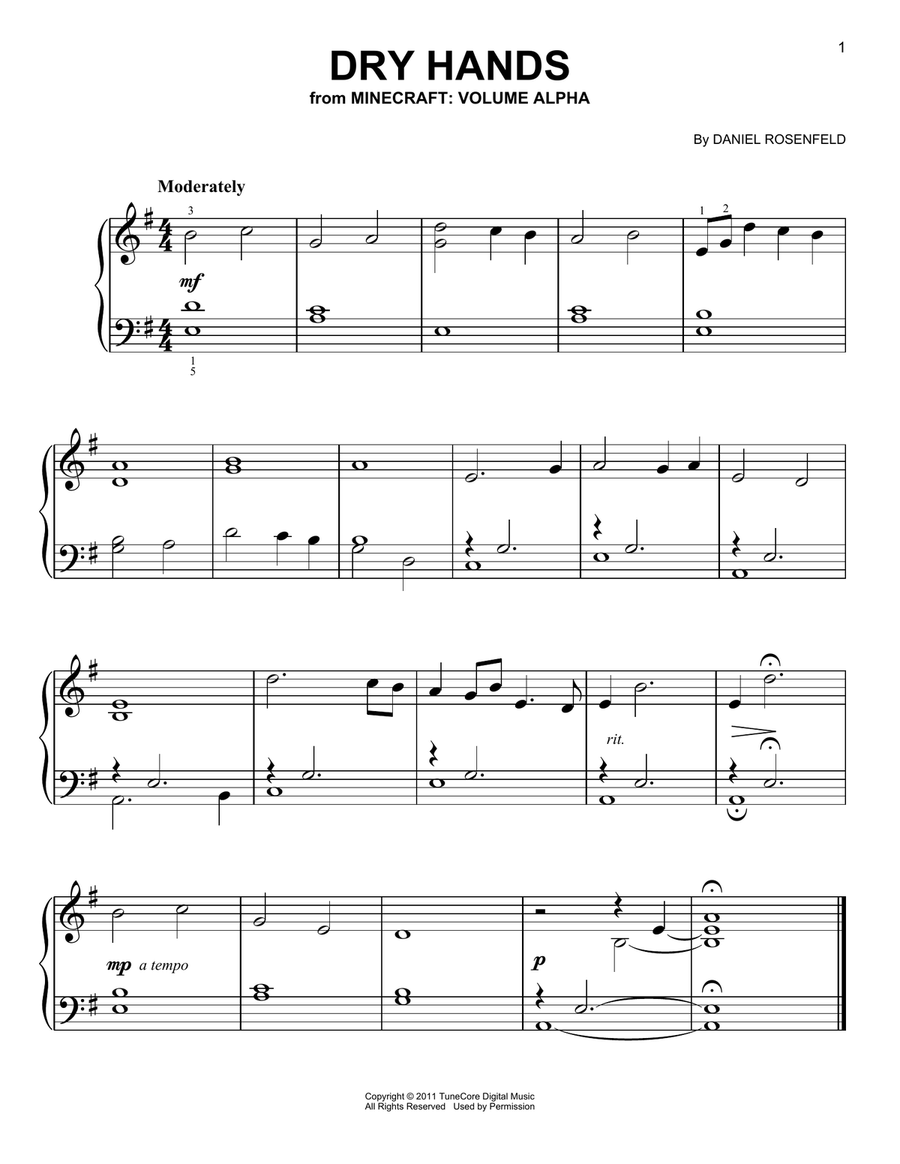 Dry Hands (from Minecraft) Easy Piano scores gallery preview page 1