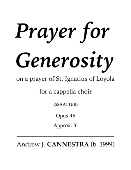 Andrew Cannestra - Prayer for Generosity for SATB a capella