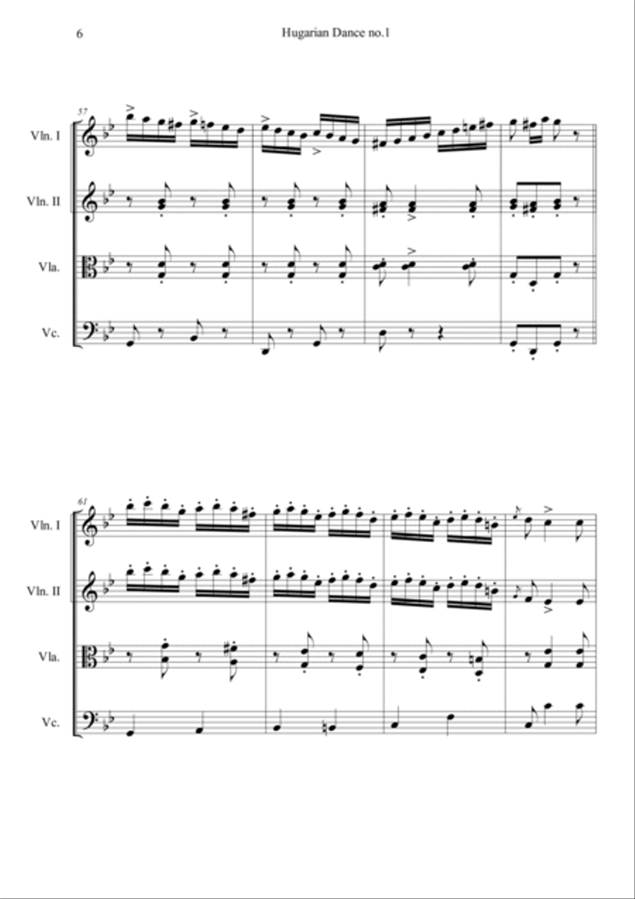 Hungarian Dances No.1 in G minor, Allegro molto String Quartet scores gallery preview page 6