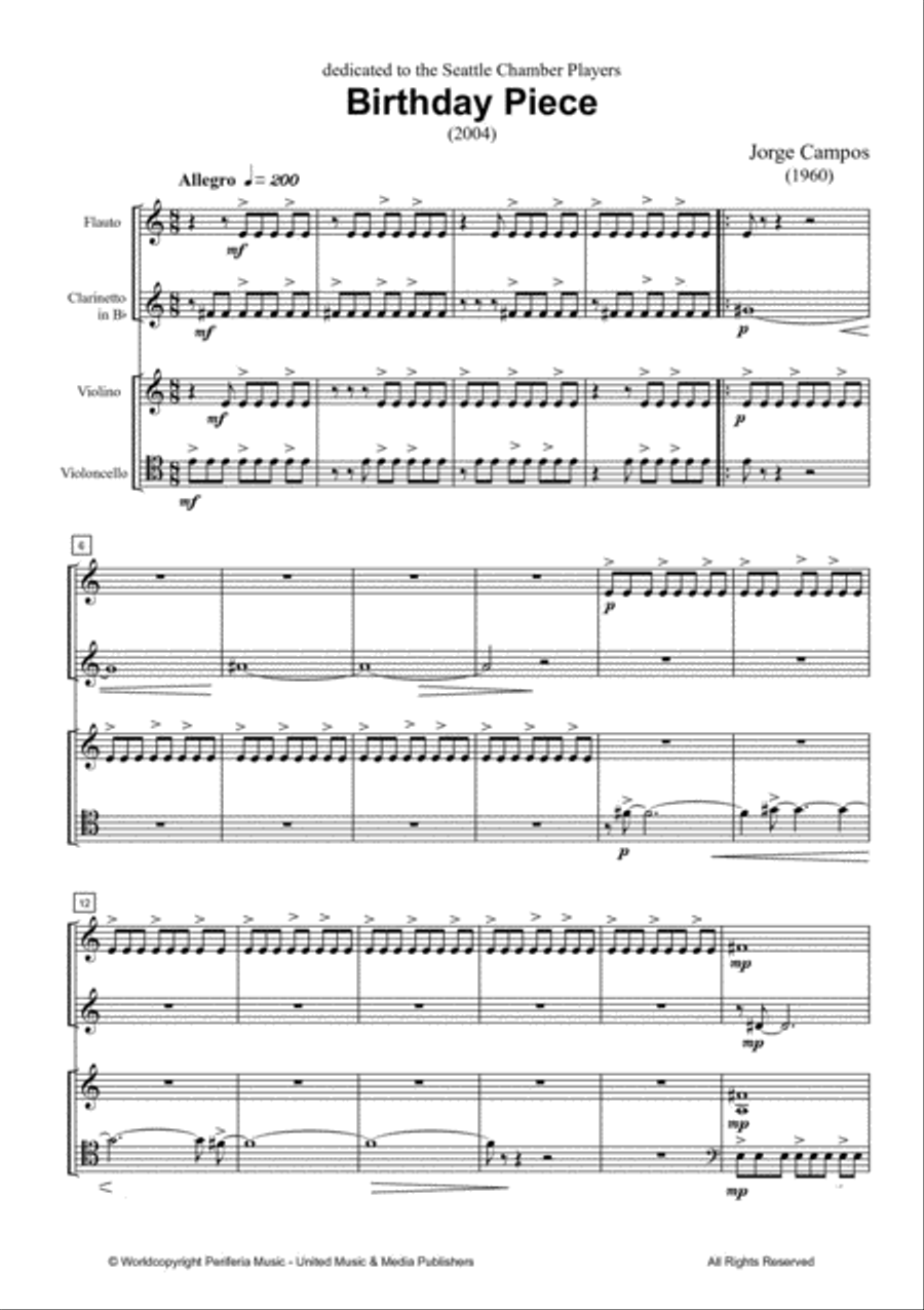 Birthday piece for Flute, Clarinet, Violin and Cello Clarinet scores gallery preview page 2