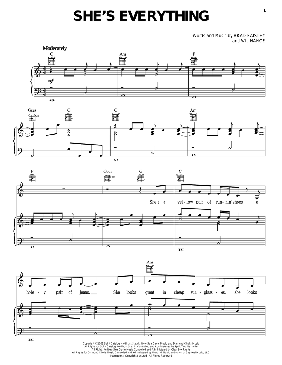She's Everything Piano, Vocal, Guitar scores gallery preview page 1