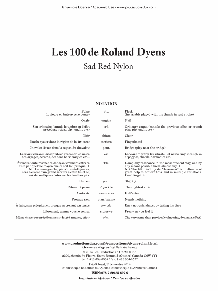 Les 100 de Roland Dyens - Sad Red Nylon Classical Guitar scores gallery preview page 1