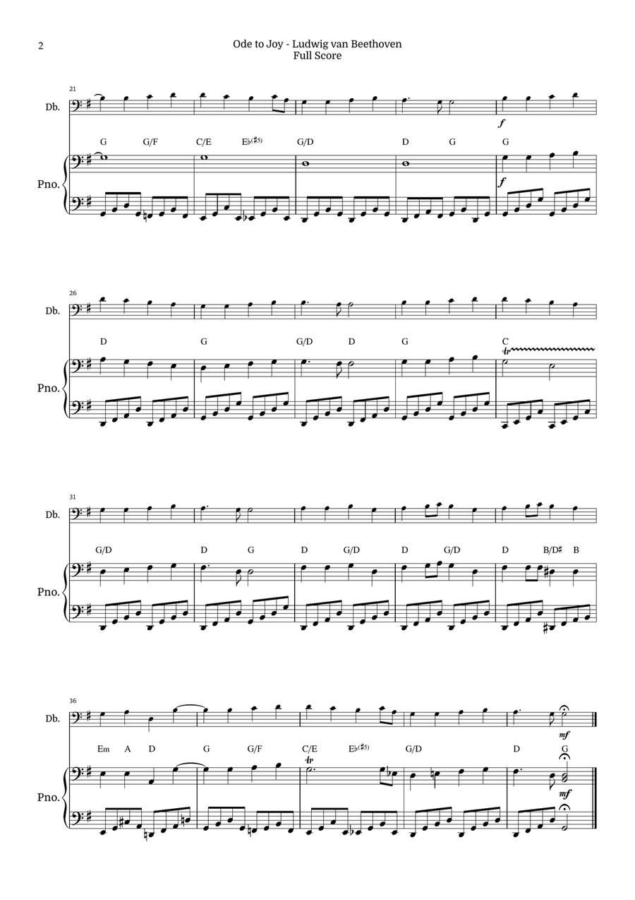 Ode to Joy for Double Bass with Piano by Beethoven Opus 125 Chamber Music scores gallery preview page 2
