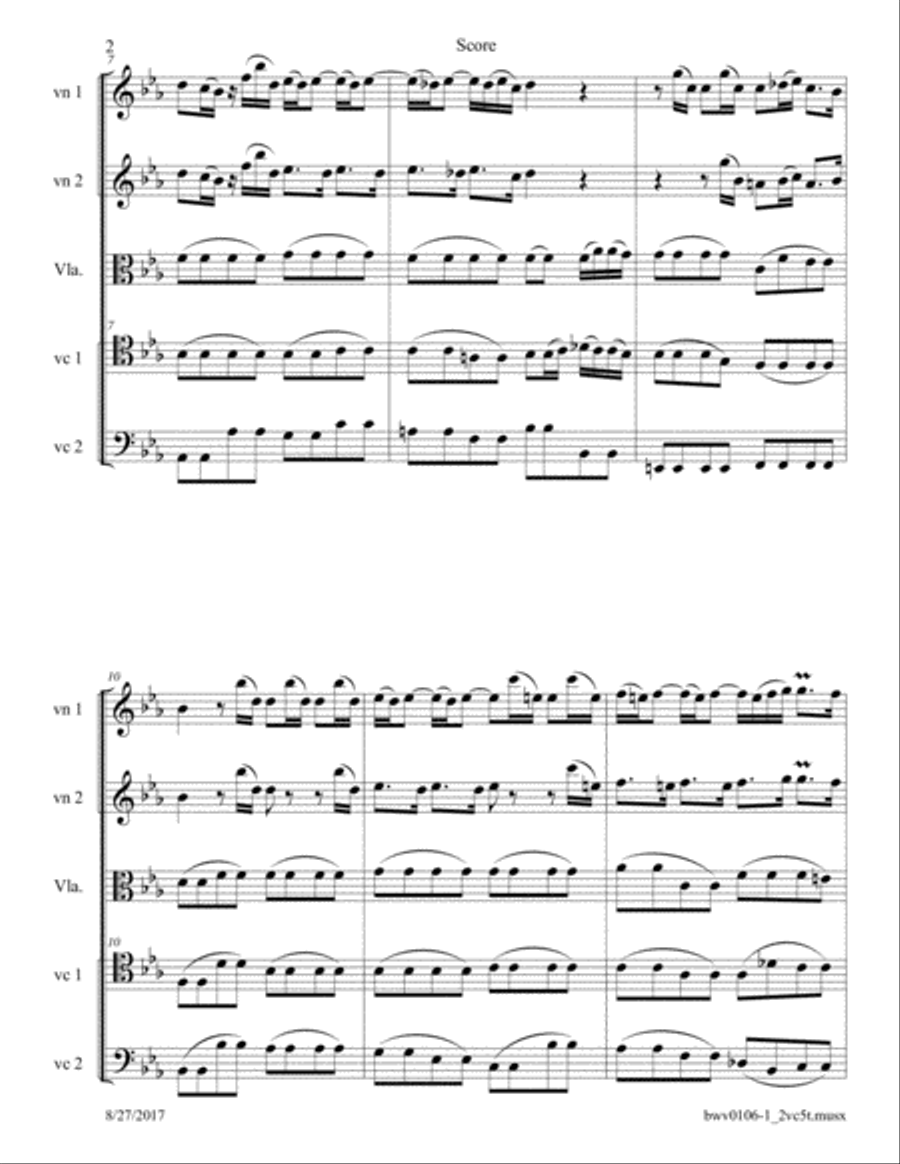 Bach: Sonatina from Actus tragicus; Cantata BWV 106 arr. for 2-Celli String Quintet String Quintet scores gallery preview page 2