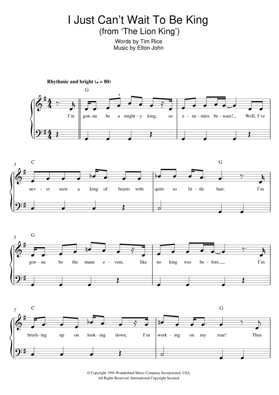 I Just Can't Wait To Be King (from The Lion King) Easy Piano scores gallery preview page 1