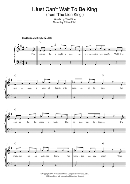 I Just Can't Wait To Be King (from The Lion King) by Elton John Easy Piano - Digital Sheet Music
