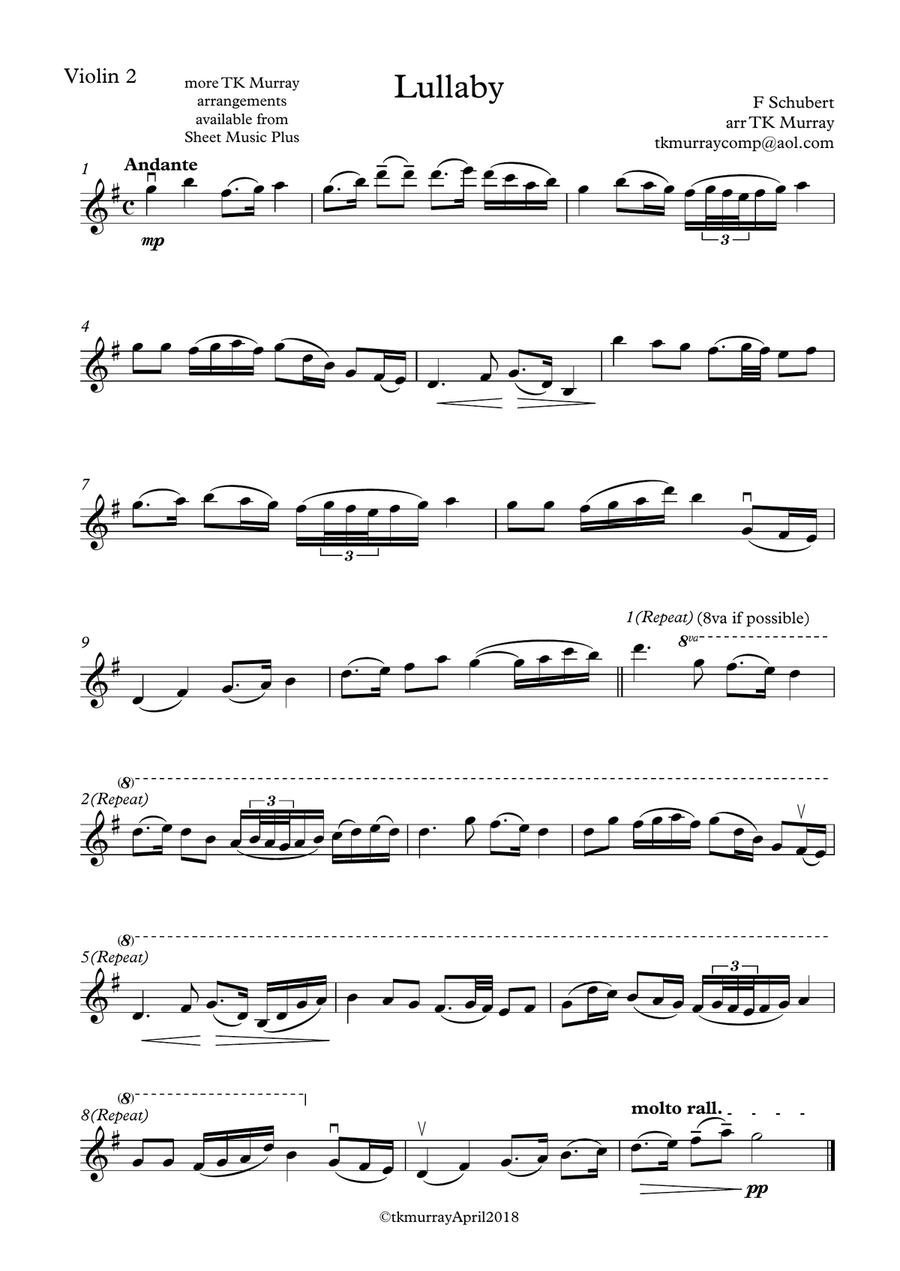 Schubert - Lullaby - 2nd. Violin Part - Suzuki Bk.4 Violin Solo scores gallery preview page 1