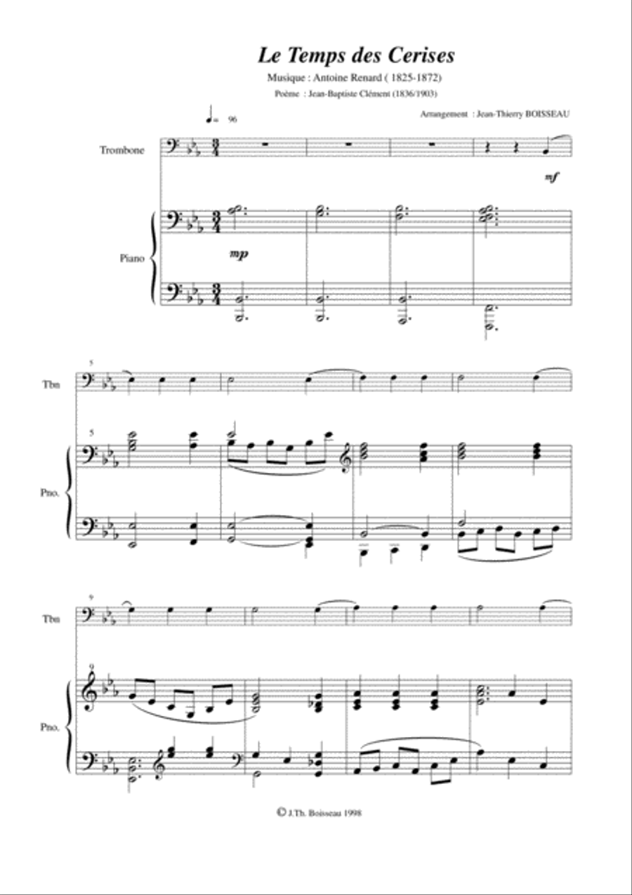 Antoine Renard: Le Temps des Cerises, arranged for trombone and piano Piano scores gallery preview page 2