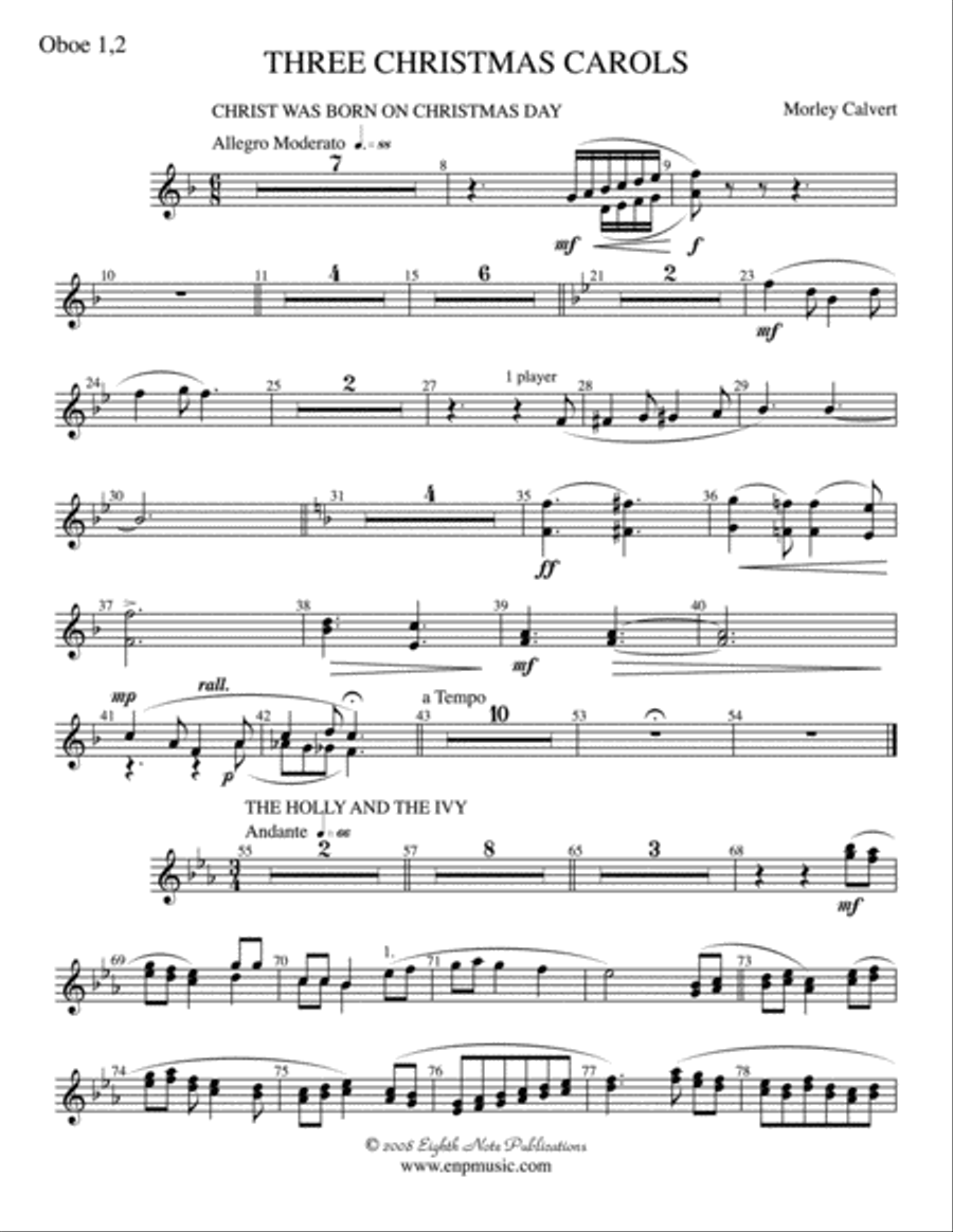 Three Christmas Carols: 1st & 2nd Oboe Concert Band scores gallery preview page 1