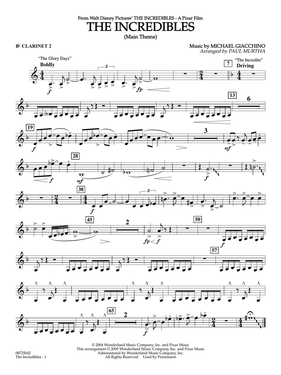The Incredibles (Main Theme) (arr. Paul Murtha) - Bb Clarinet 2 Concert Band scores gallery preview page 1