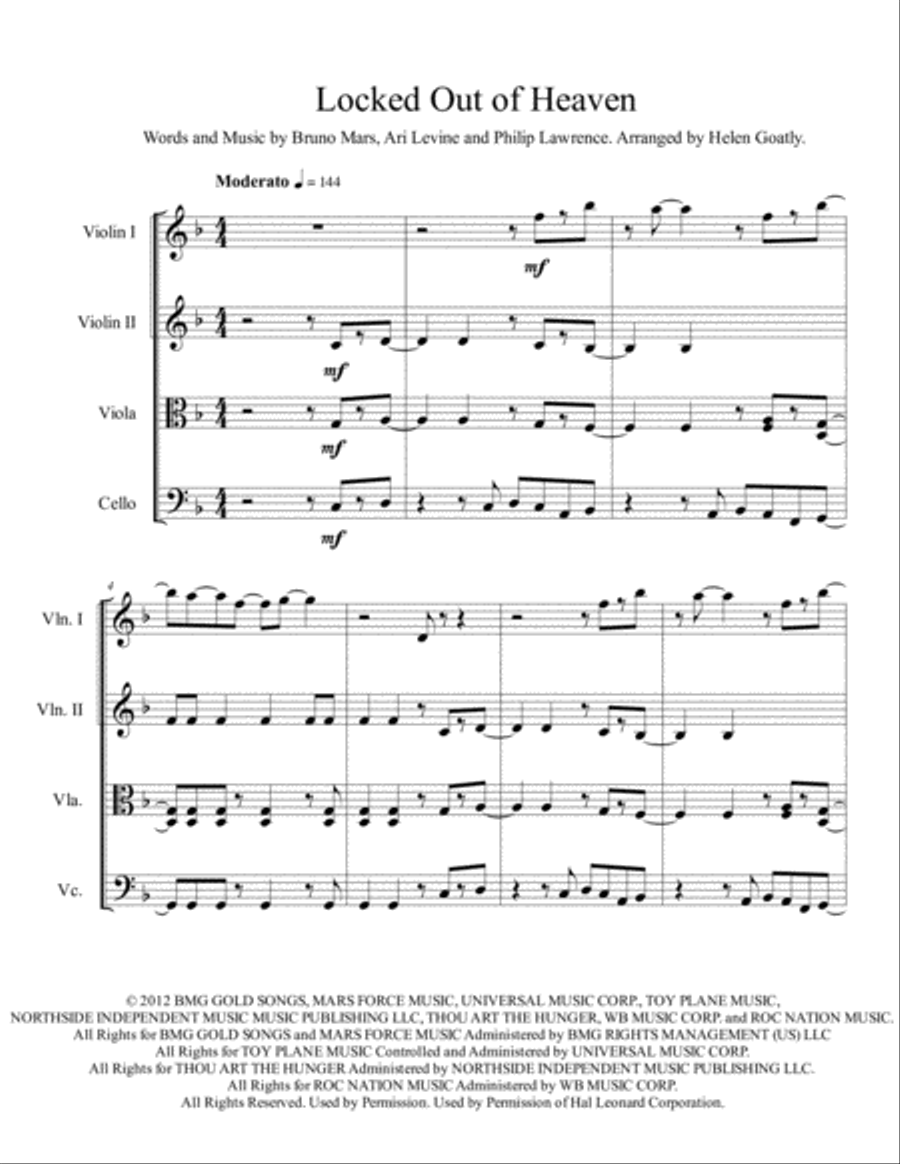 Locked Out Of Heaven Locked Out Of Heaven String Quartet scores gallery preview page 1