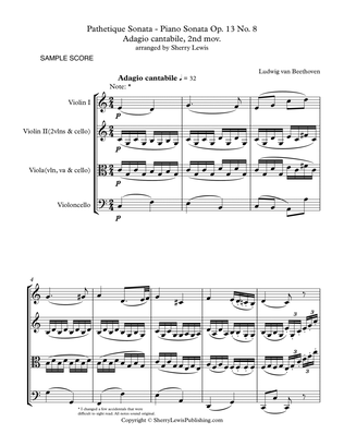 PATHETIQUE SONATA, Adagio cantabile, 2nd mov. Op. 13, No. 8 String Trio, Intermediate Level for 2 v