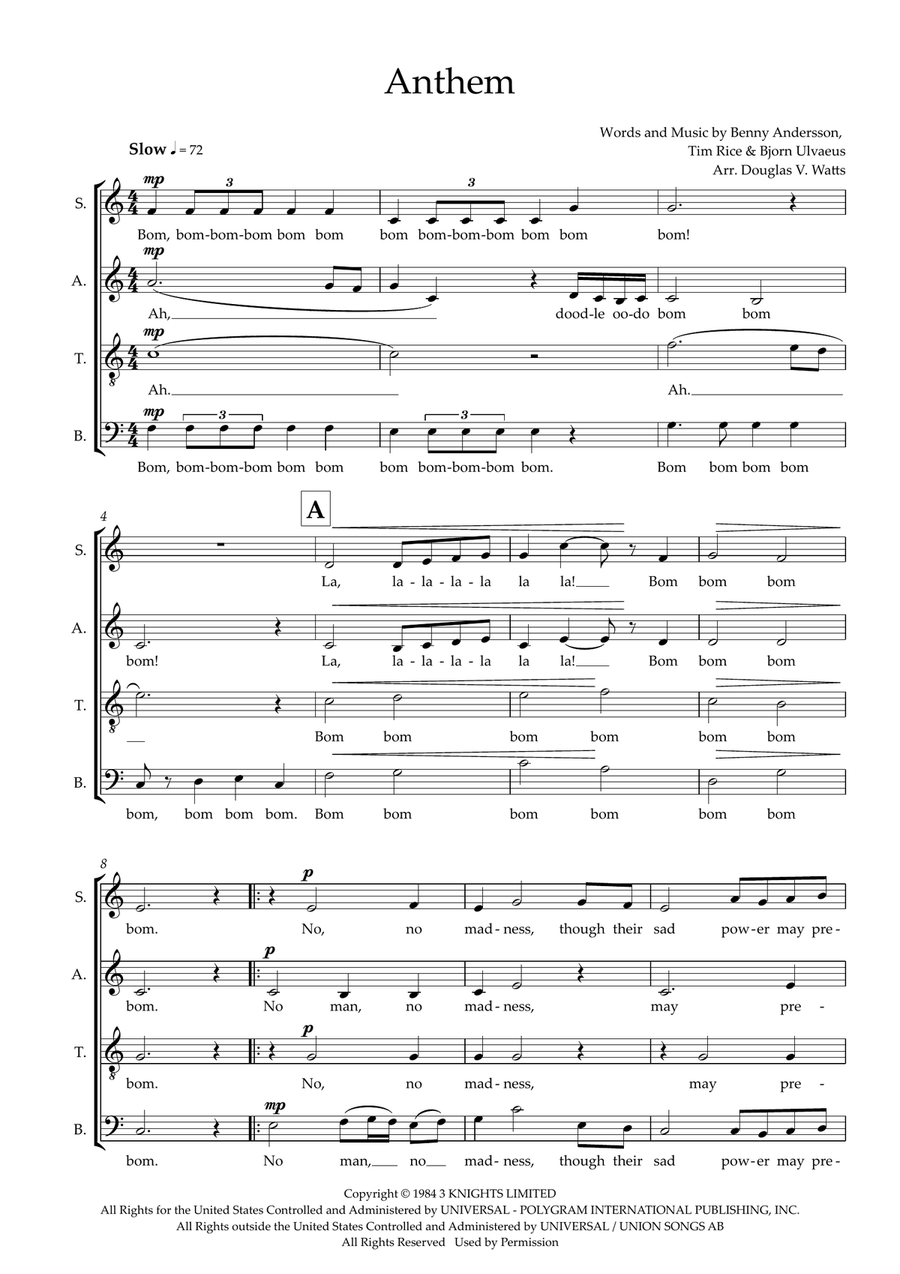 Anthem (from Chess the Musical) (arr. Doug Watts) 4-Part scores gallery preview page 1