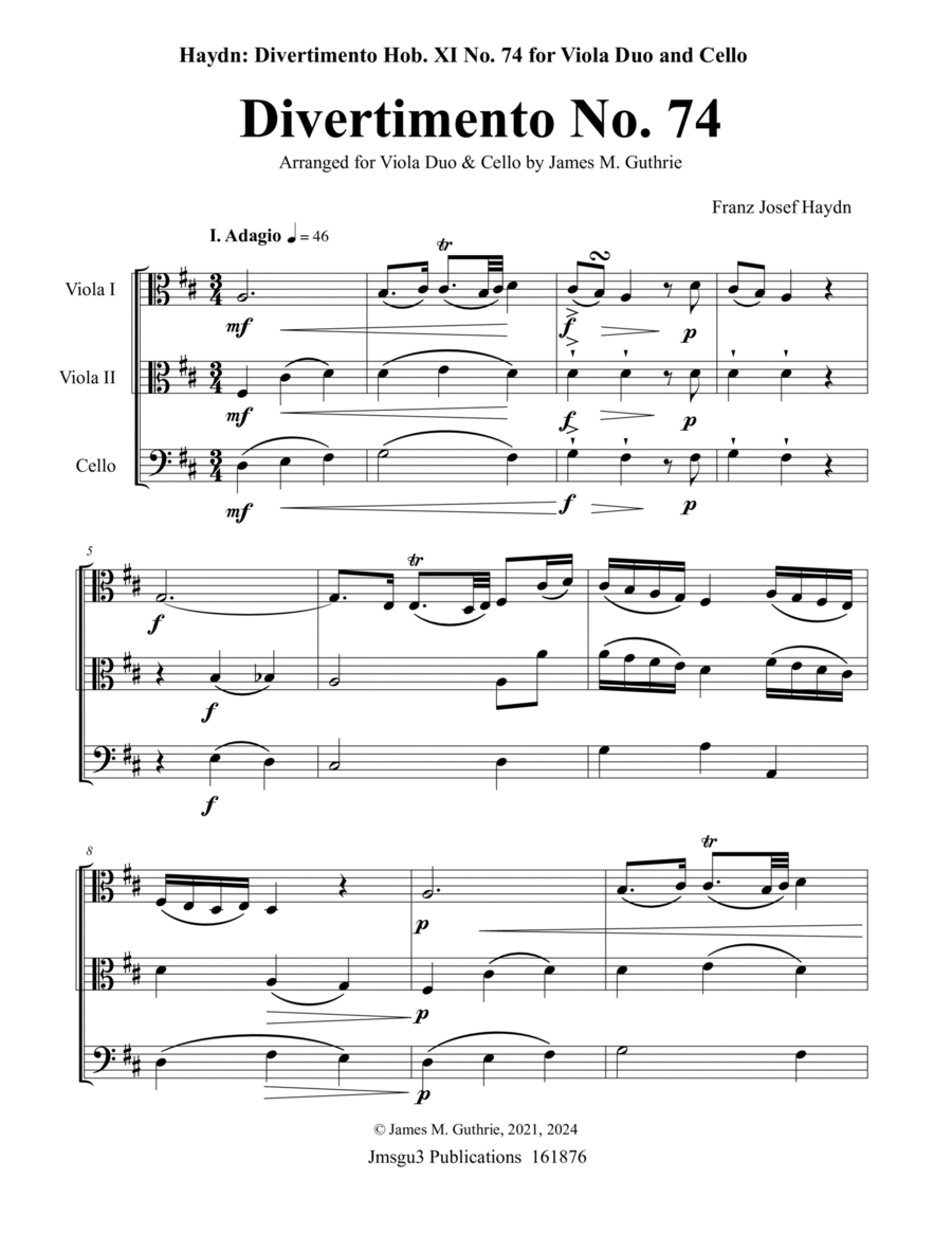 Haydn: Divertimento No. 74 for Viola Duo & Cello String Trio scores gallery preview page 1