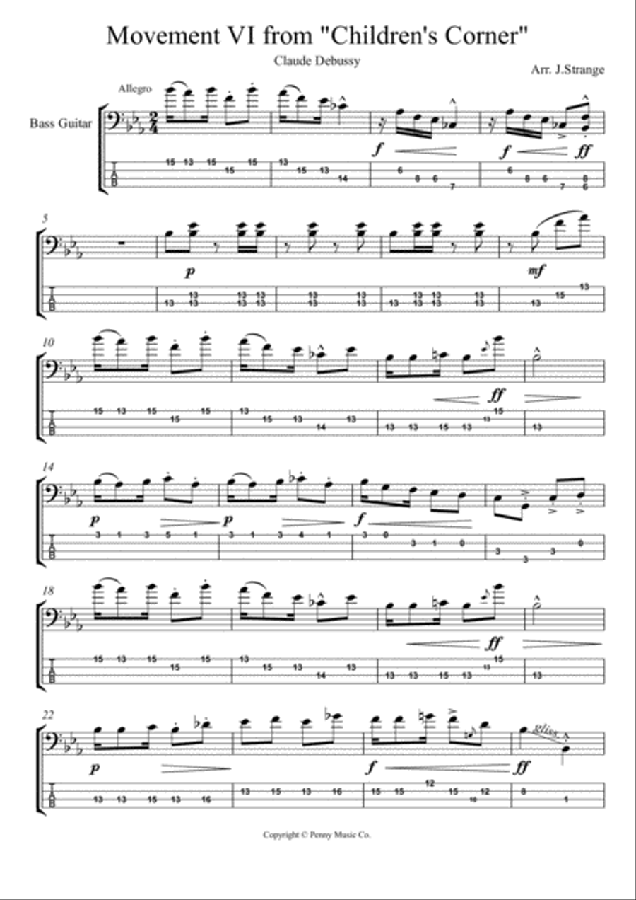 Children's Corner (Movement VI) for solo Bass Guitar Bass Guitar scores gallery preview page 5