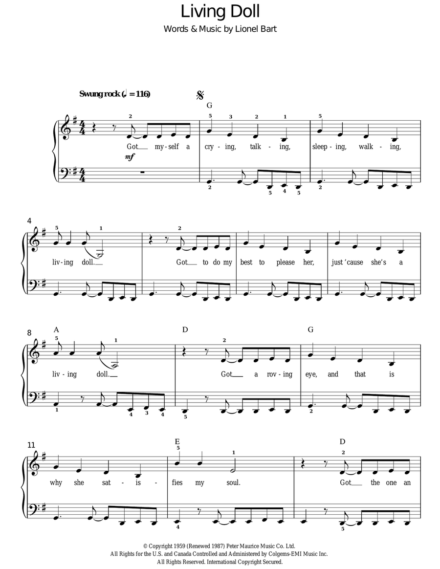 Living Doll Easy Piano scores gallery preview page 1