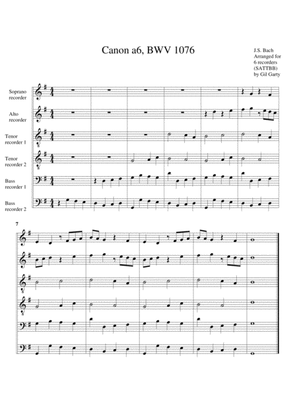 Book cover for Canon a6, BWV 1076 (arrangement for 6 recorders)