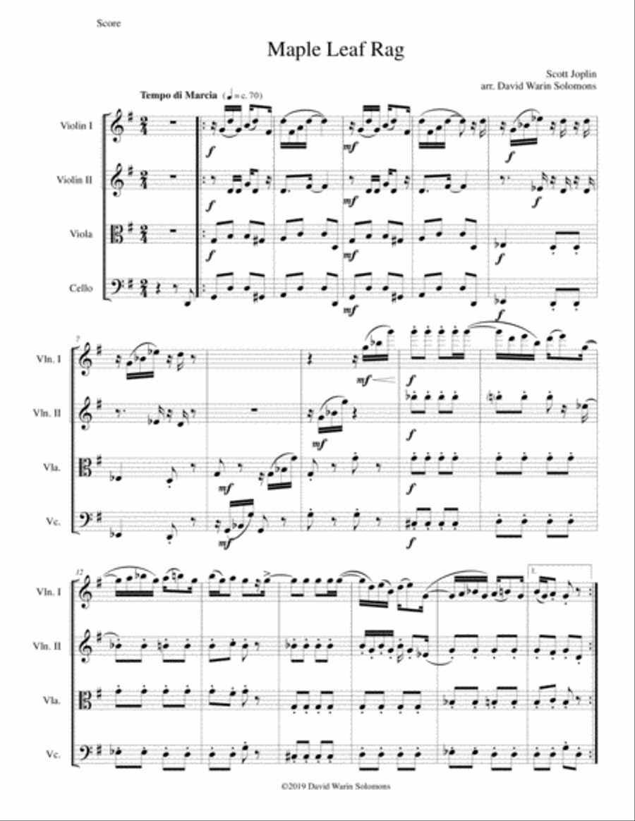 Maple Leaf Rag for string quartet String Quartet scores gallery preview page 1