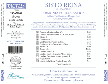 Sisto Reina: Armonia Ecclesiastica, Opera Quinta 1653