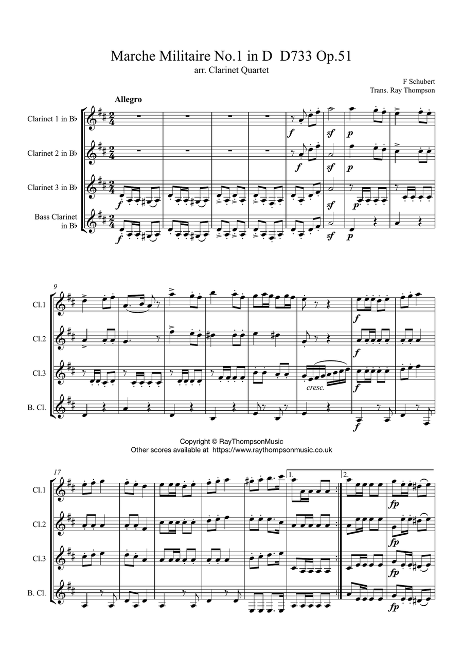 Schubert: Marche Militaire Op.51 No.1 in D, D733 - clarinet quartet Clarinet Quartet scores gallery preview page 1
